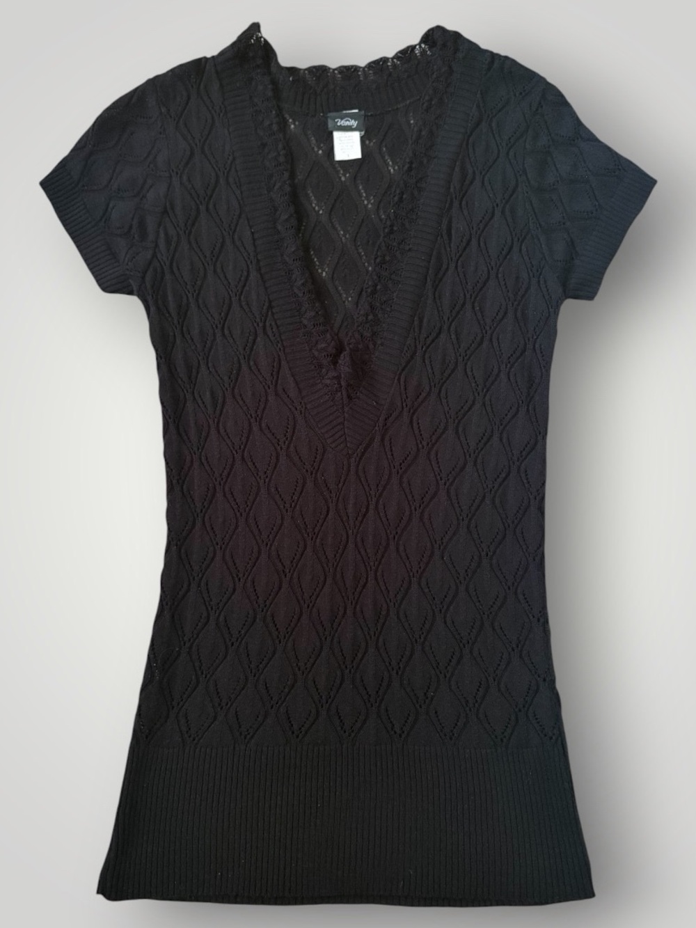 Vanity Black Cable Knit V-Neck Short Sleeve Sweater